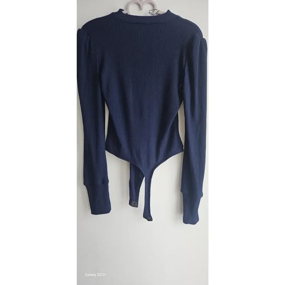 Navy Blue Revamped long Sleeves Womens Bodysuit Sweater Midnight Blue Size S